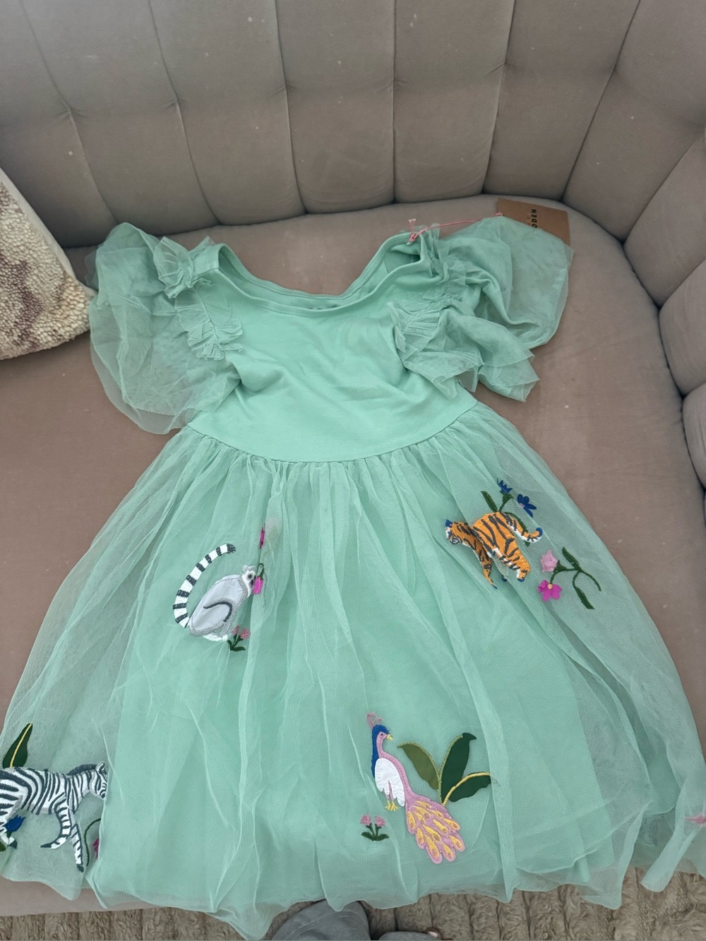 Boden Mini Mint Green Tulle Dress with Animal Embroidery- Girls size 5-6